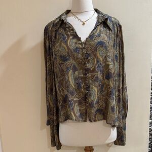 Free People Olive & Navy Paisley Button-Down Blouse